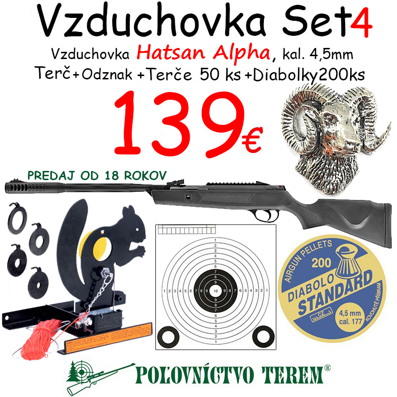 Vzduchovka set pre deti obahuje : vzduchovku hatsan Alpha, kal. 4,5mm+sklápací terč +odznak + 50ks terče papierové+diabolky 200ks . Vhodná pre praváka aj ľaváka