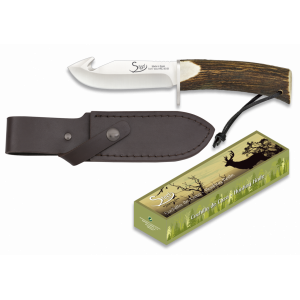 Poľovnícky nož s koženým púzdrom, parohová rukoväť STEEL 32128